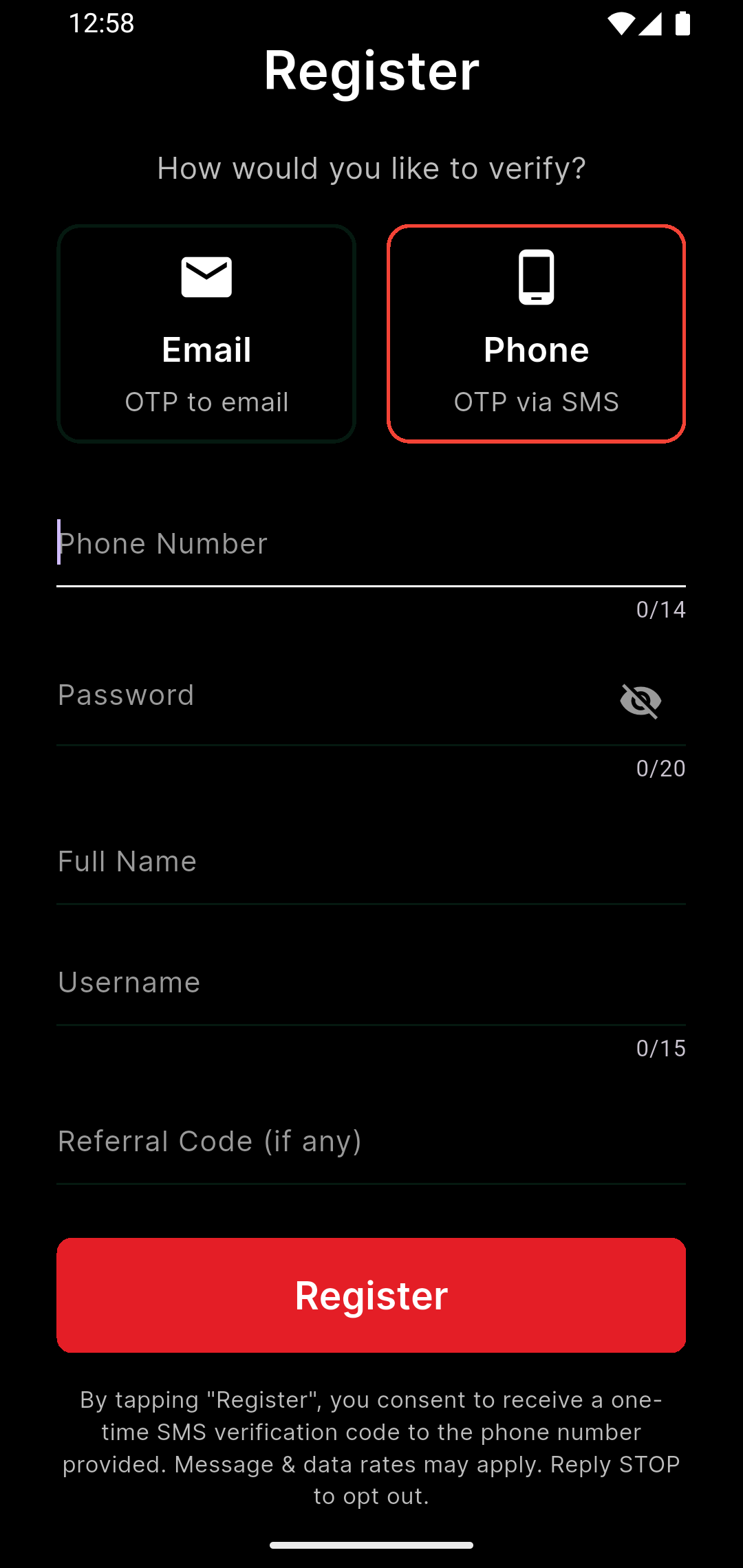 Phone/SMS verification option